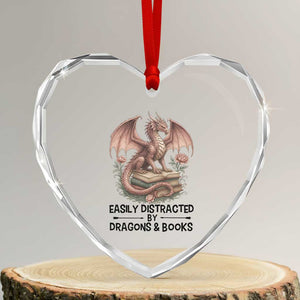 Easily Distracted By Dragon And Books Heart Crystal Glass Ornament Funny Book Lover TS12 Transparent Glass 3'' Heart Print Your Wear