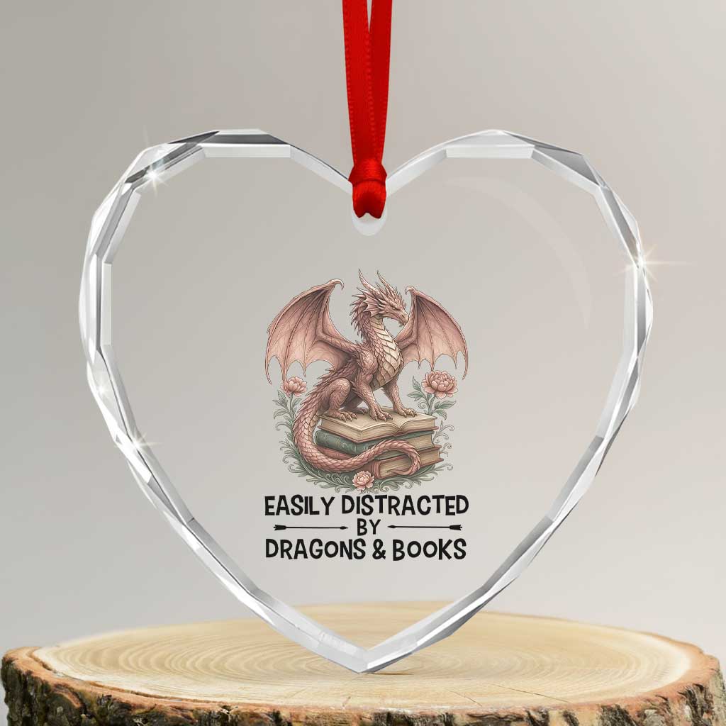 Easily Distracted By Dragon And Books Heart Crystal Glass Ornament Funny Book Lover TS12 Transparent Glass 3'' Heart Print Your Wear