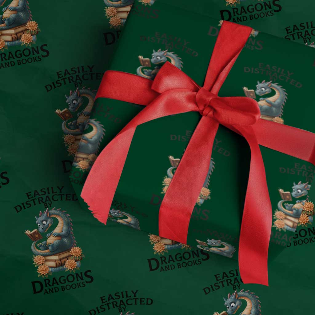 Easily Distracted By Dragon And Books Wrapping Paper Roll Cute Book Lover Gift TS12 Green Print Your Wear