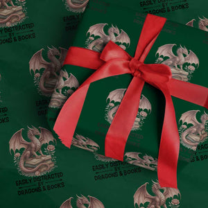 Easily Distracted By Dragon And Books Wrapping Paper Roll Funny Book Lover TS12 Green Print Your Wear