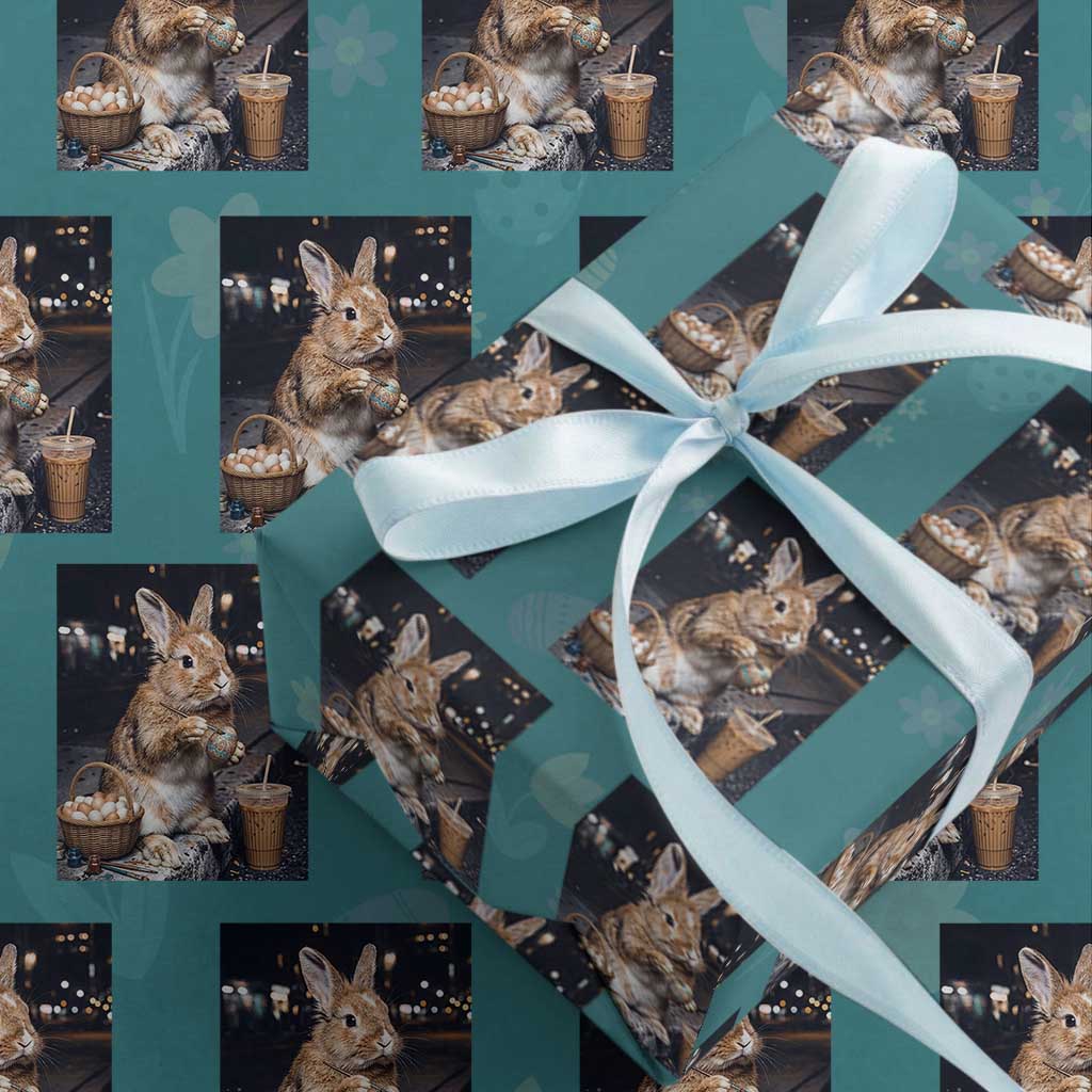 Easter Bunny Iced Coffee Wrapping Paper Roll Funny Rabbit Egg Painting TS14 Teal Print Your Wear