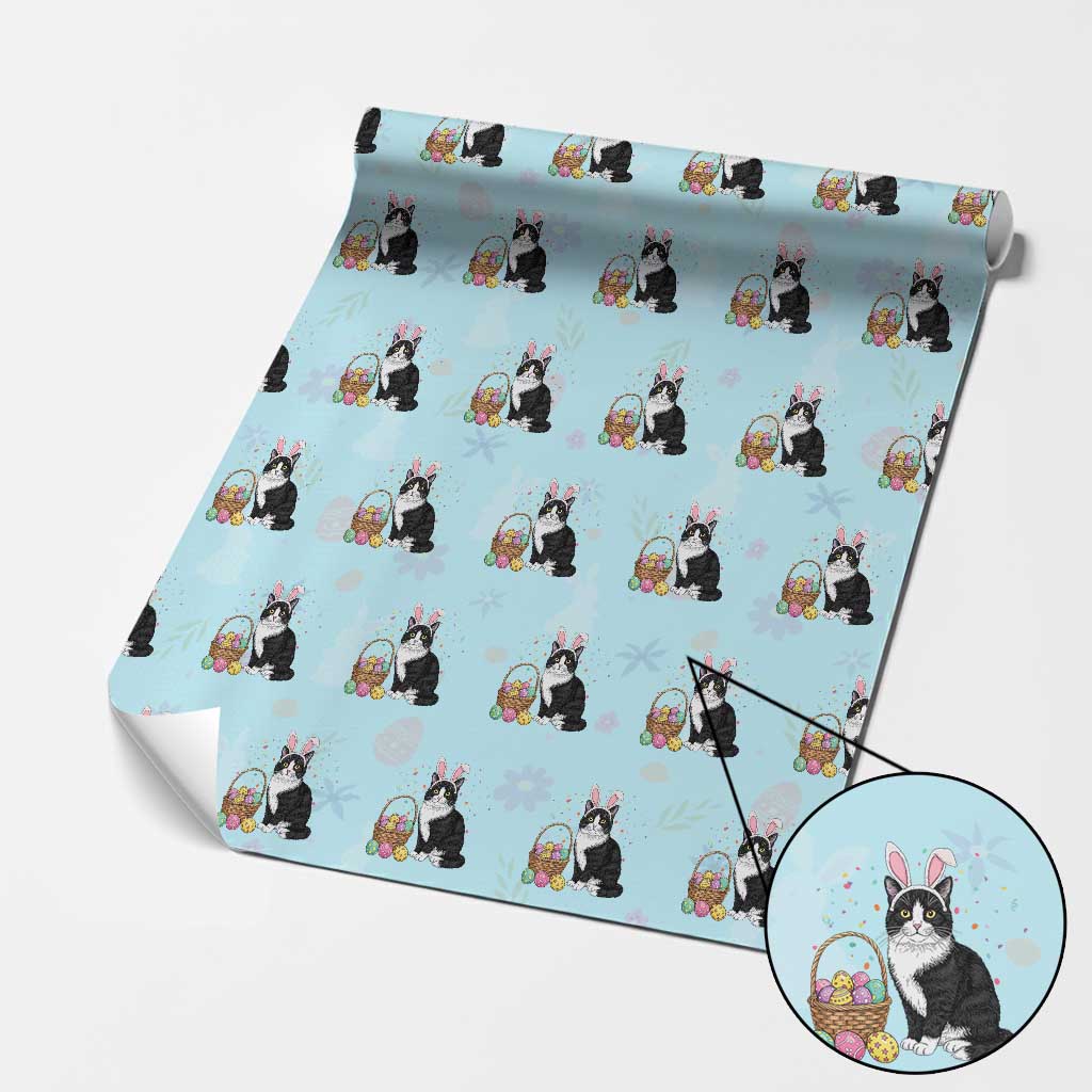 Easter Day Cat Bunny Ears Eggs Graphic Wrapping Paper Roll TS02 Light Blue Print Your Wear