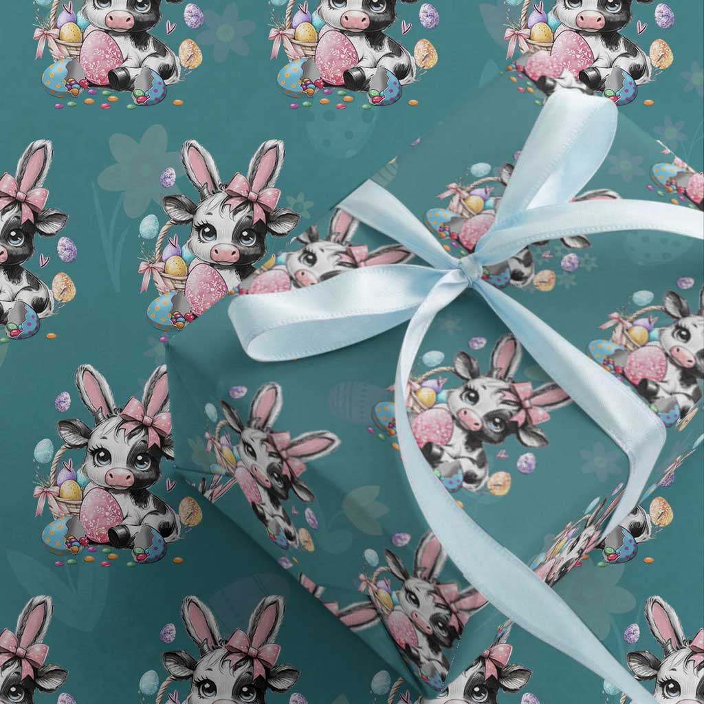 Easter Day Cow Wrapping Paper Roll Cute Cow Bunny Heifer TS10 Teal Print Your Wear