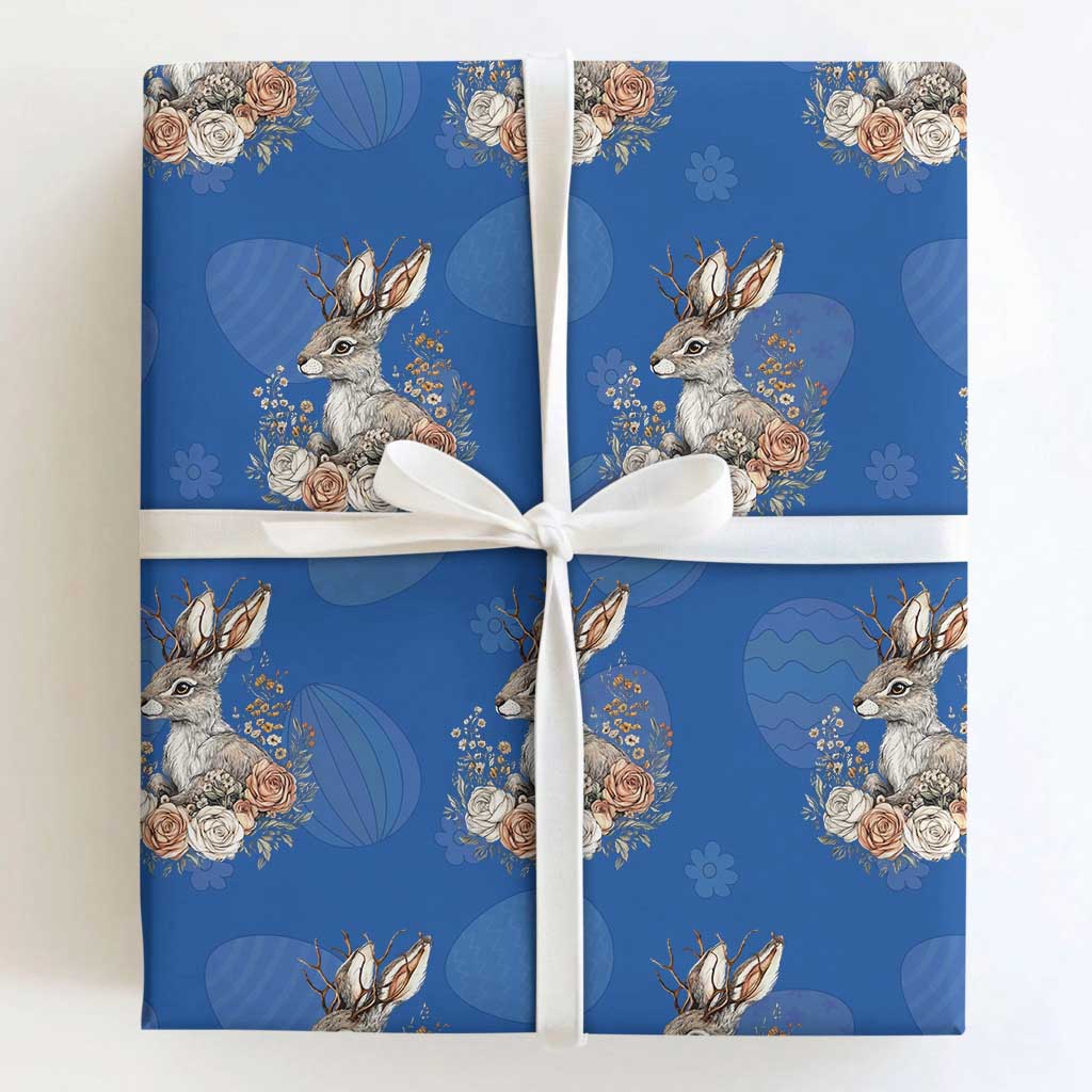Easter Day Jackalope Vintage Floral Cottagecore Wrapping Paper Roll TS11 Royal Blue Print Your Wear