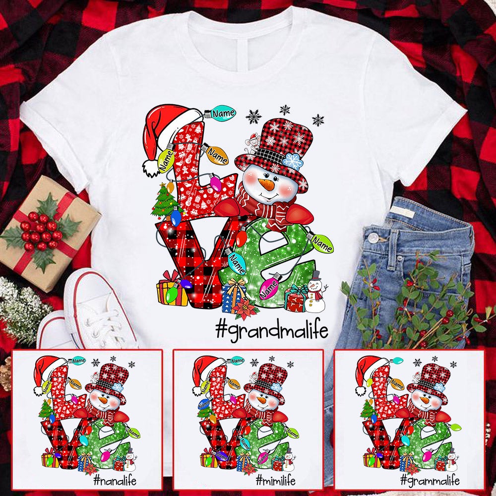 Custom JP Shirt Love Grandmalife Snowman Grandma With Grandkids Name Light Shirt CTM Youth Custom - Printyourwear