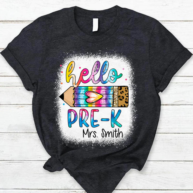 Personalized Hello Pre K Grade Level Bleach Style Shirt For Teacher Back To School T Shirt CTM Youth Custom - Printyourwear