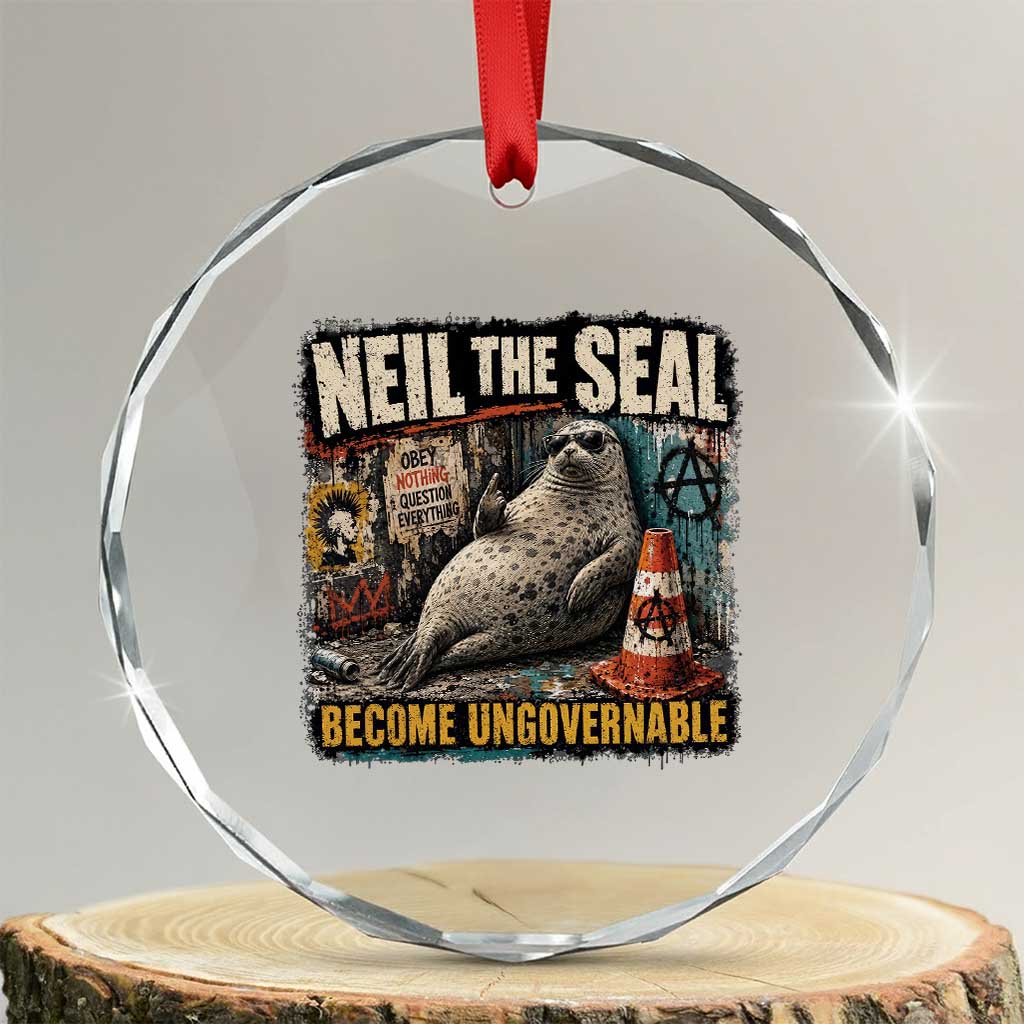 Edgy Neil the Seal Become Ungovernable Graffiti Graphic Crystal Glass Ornament Sarcastic Rebel Viral Chaotic Elephant Seal Sunglasses Meme TS02 Transparent Glass 3'' Circle Print Your Wear