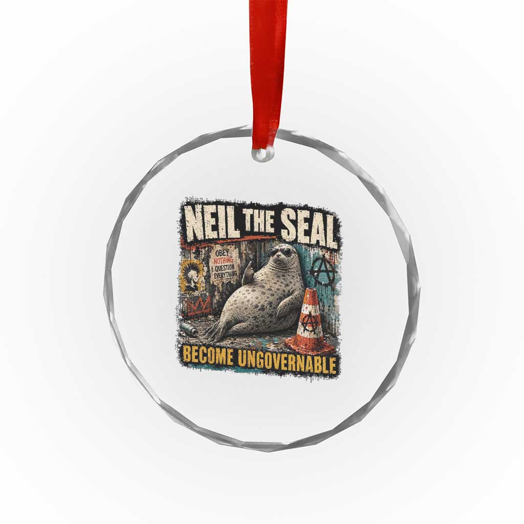 Edgy Neil the Seal Become Ungovernable Graffiti Graphic Crystal Glass Ornament Sarcastic Rebel Viral Chaotic Elephant Seal Sunglasses Meme TS02 Print Your Wear
