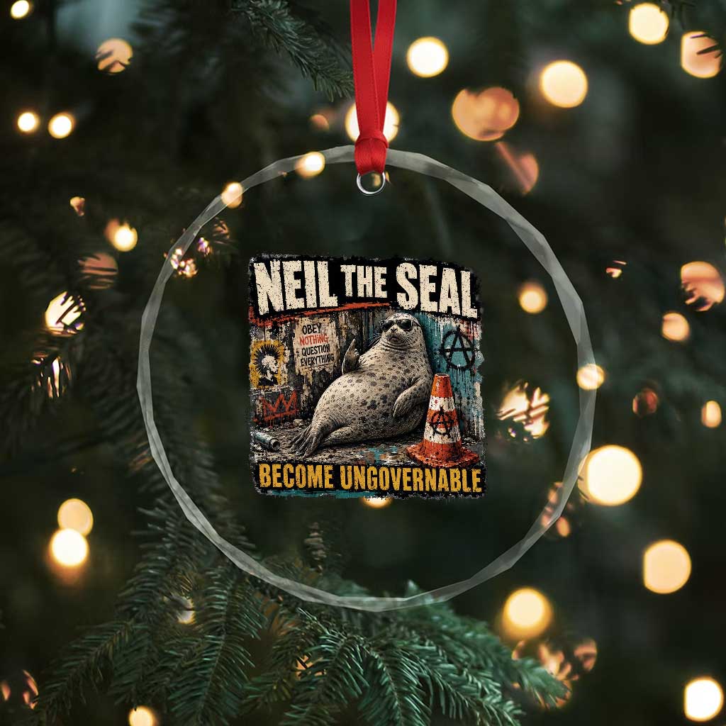 Edgy Neil the Seal Become Ungovernable Graffiti Graphic Crystal Glass Ornament Sarcastic Rebel Viral Chaotic Elephant Seal Sunglasses Meme TS02 Print Your Wear