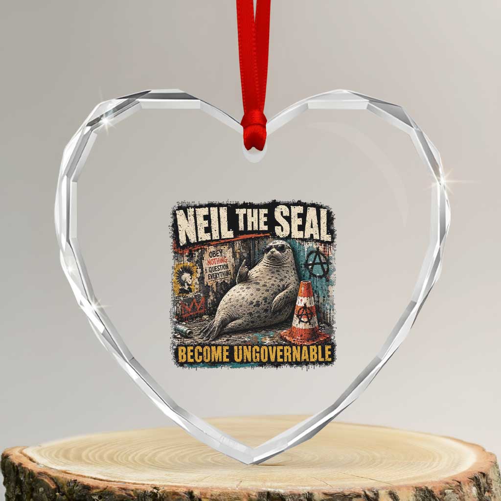 Edgy Neil the Seal Become Ungovernable Graffiti Graphic Heart Crystal Glass Ornament Sarcastic Rebel Viral Chaotic Elephant Seal Sunglasses Meme TS02 Transparent Glass 3'' Heart Print Your Wear