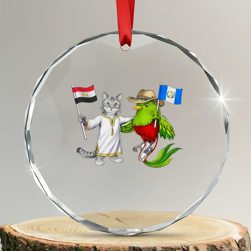 Egypt and Guatemala Friendship Heritage Pride Crystal Glass Ornament Cute Cat and Quetzal Holding Flag TS02 Transparent Glass 3'' Circle Print Your Wear