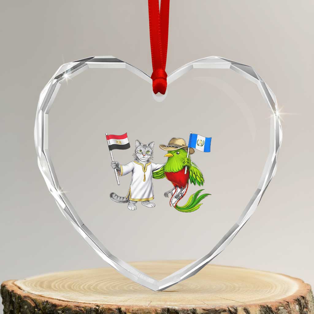 Egypt and Guatemala Friendship Heritage Pride Heart Crystal Glass Ornament Cute Cat and Quetzal Holding Flag TS02 Transparent Glass 3'' Heart Print Your Wear