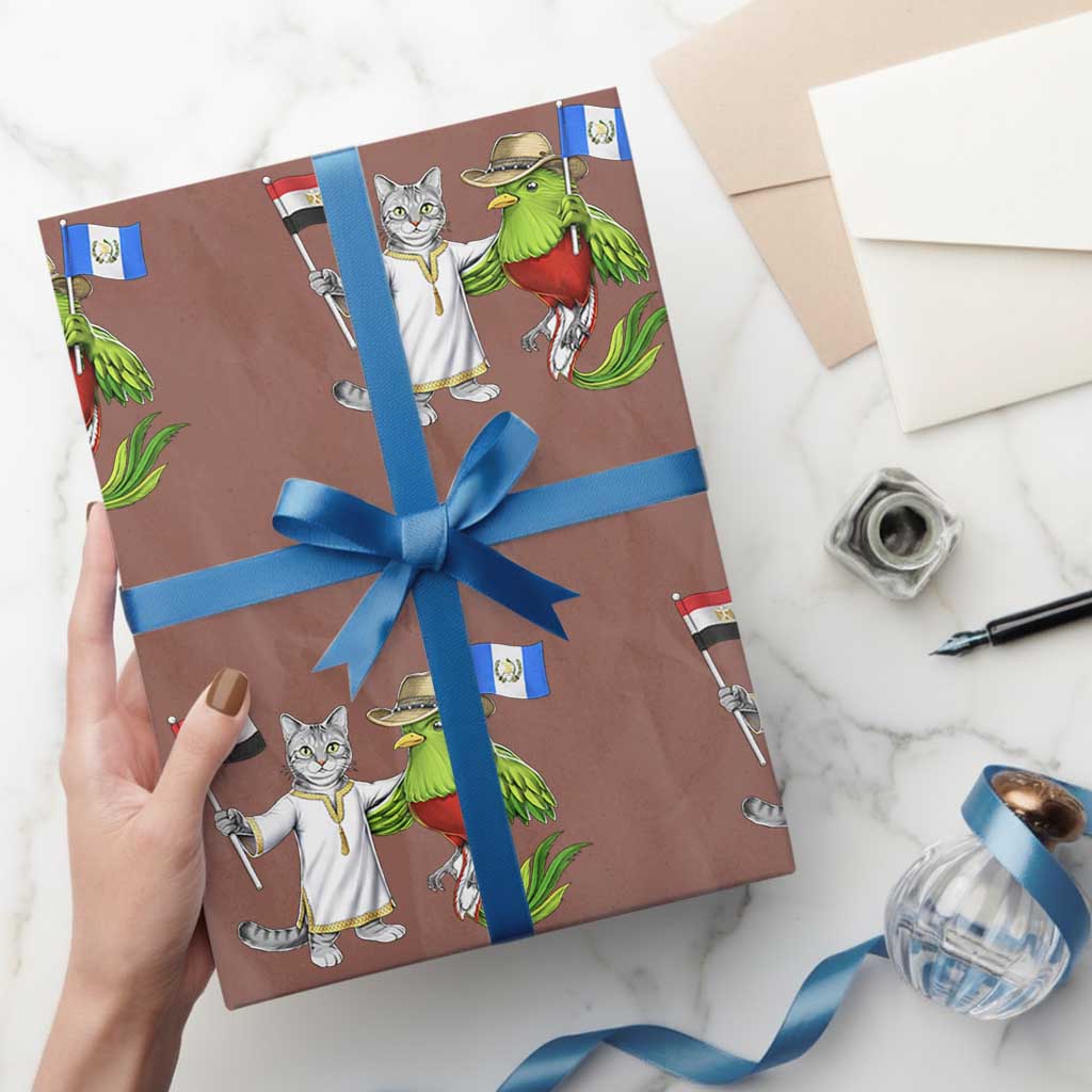 Egypt and Guatemala Friendship Heritage Pride Wrapping Paper Roll Cute Cat and Quetzal Holding Flag TS02 Mocha Print Your Wear
