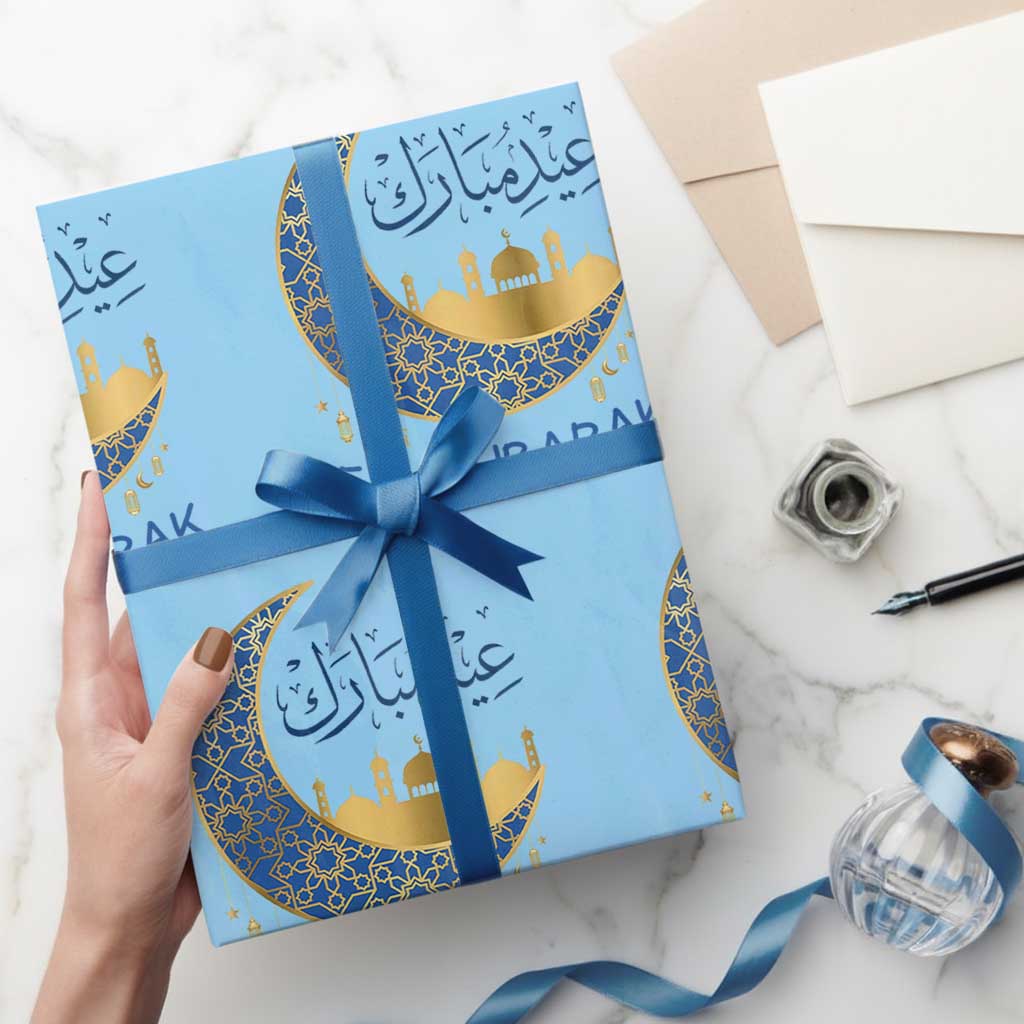 Eid Mubarak Crescent Moon Mosque Wrapping Paper Roll Arabic Calligraphy Islamic Celebration Gift TS02 Light Blue Print Your Wear