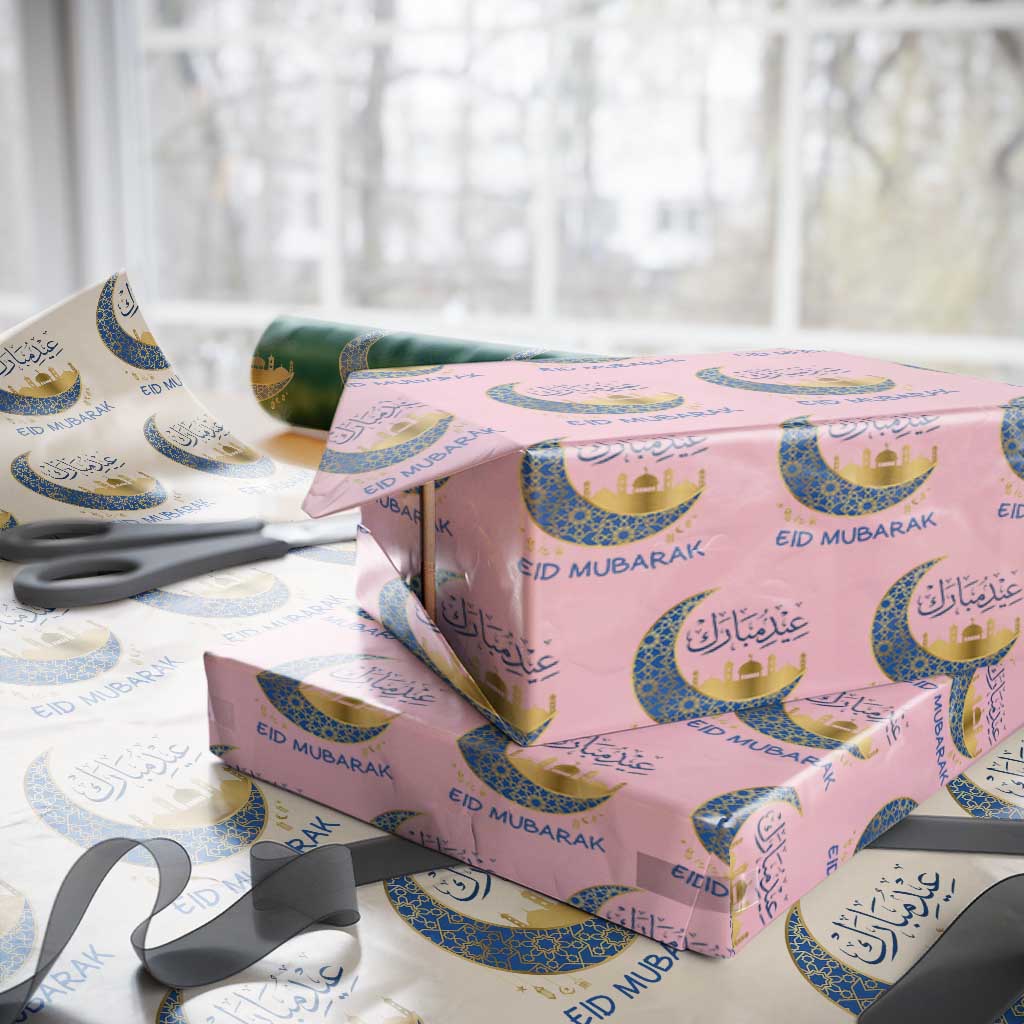 Eid Mubarak Crescent Moon Mosque Wrapping Paper Roll Arabic Calligraphy Islamic Celebration Gift TS02 Light Pink Print Your Wear