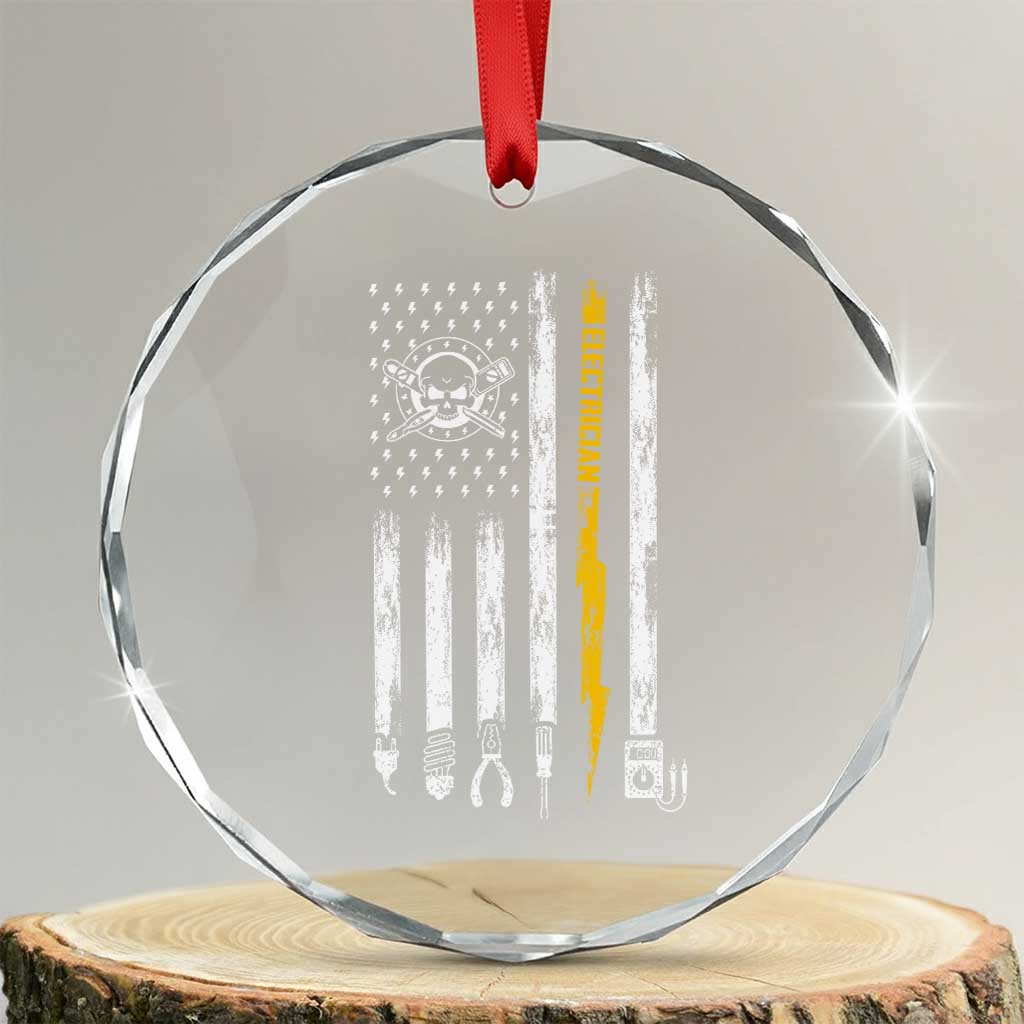 Electrician US Flag Crystal Glass Ornament Tools for Electricians Skull Lightning Graphic TS10 Transparent Glass 3'' Circle Print Your Wear