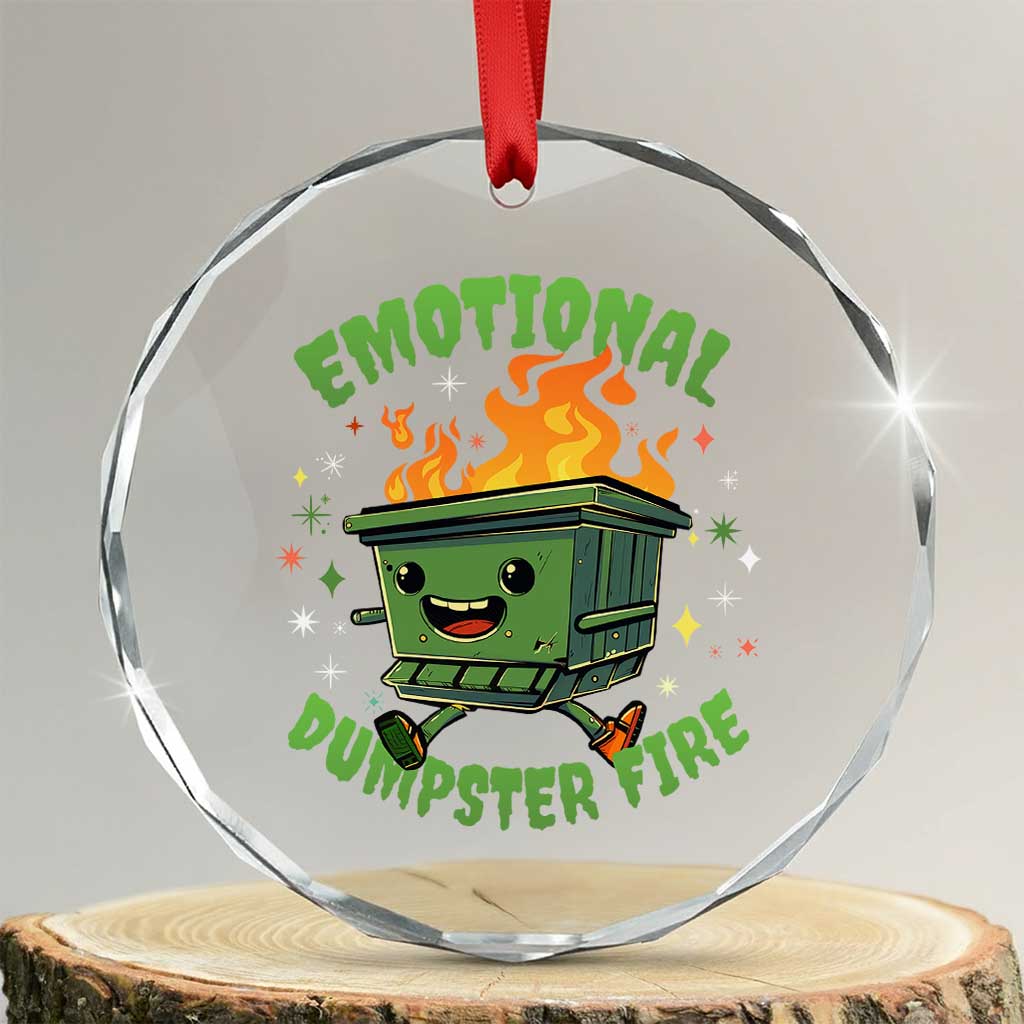 Emotional Dumpster Fire Crystal Glass Ornament Funny Mental Health Retro Groovy TS02 Transparent Glass 3'' Circle Print Your Wear