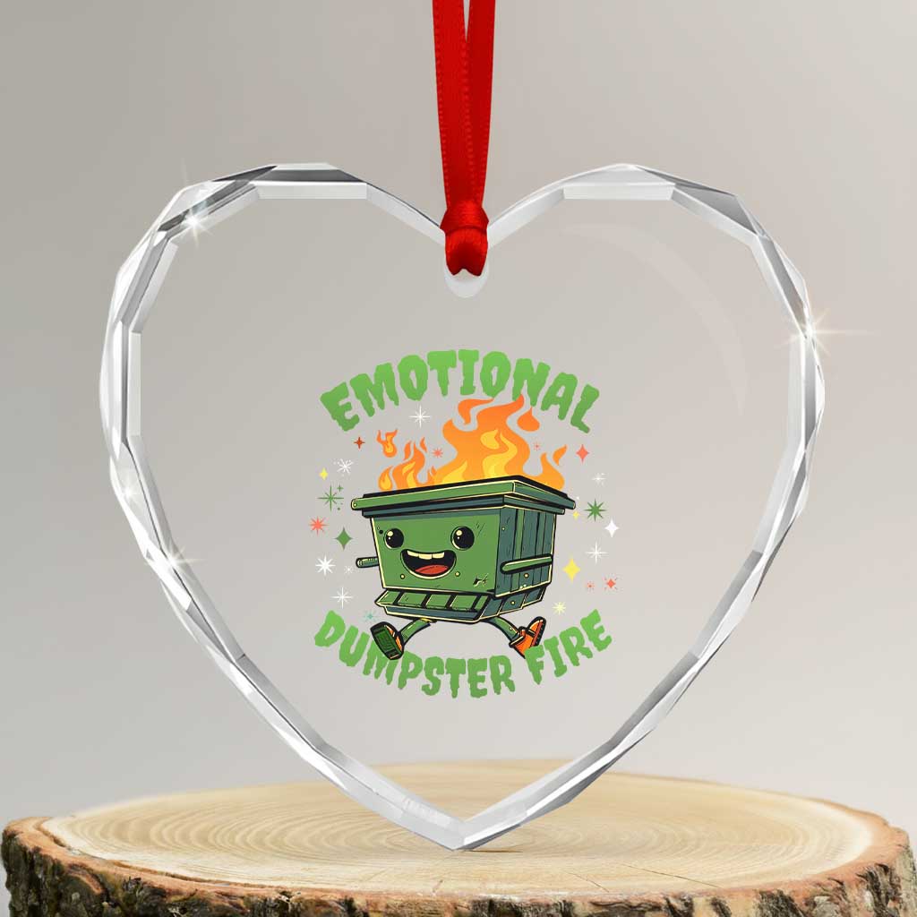 Emotional Dumpster Fire Heart Crystal Glass Ornament Funny Mental Health Retro Groovy TS02 Transparent Glass 3'' Heart Print Your Wear