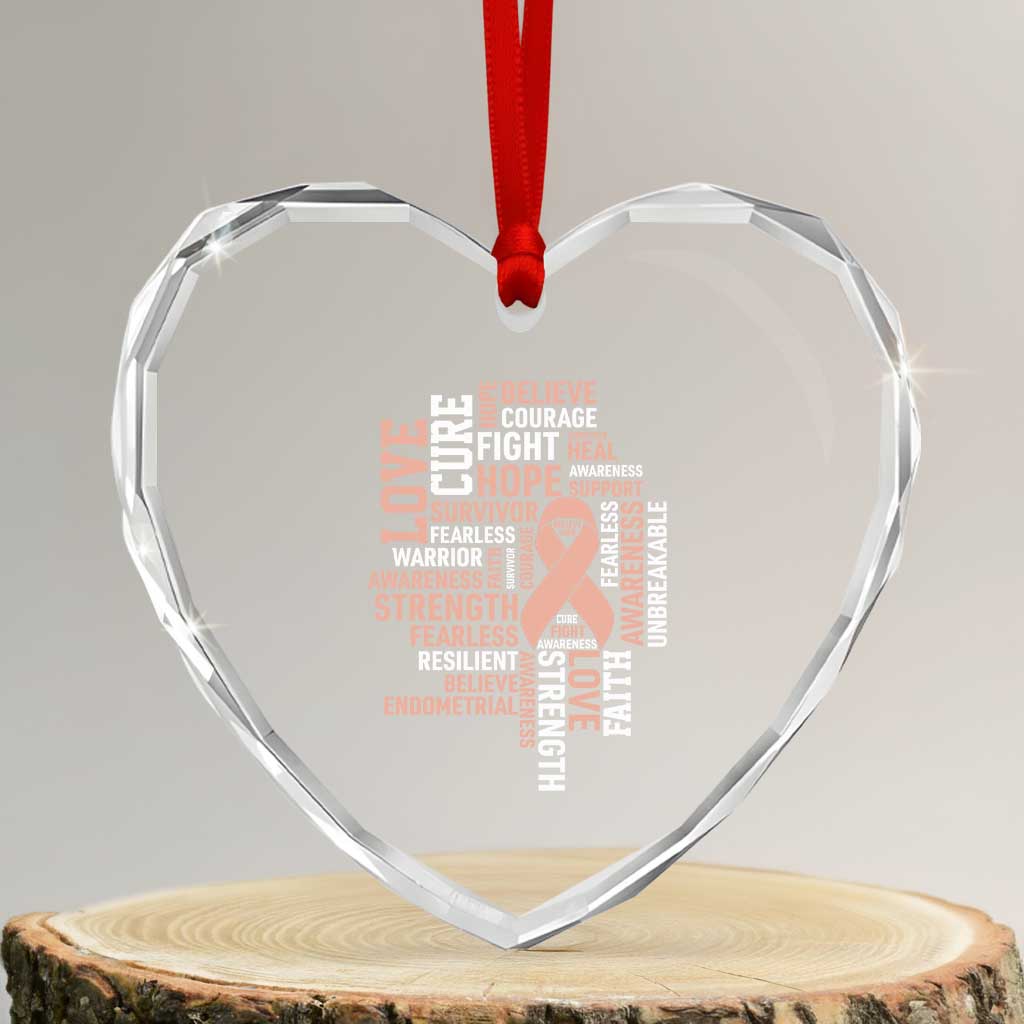 Endometrial Cancer Awareness Heart Crystal Glass Ornament Warrior Survivor Peach Ribbon