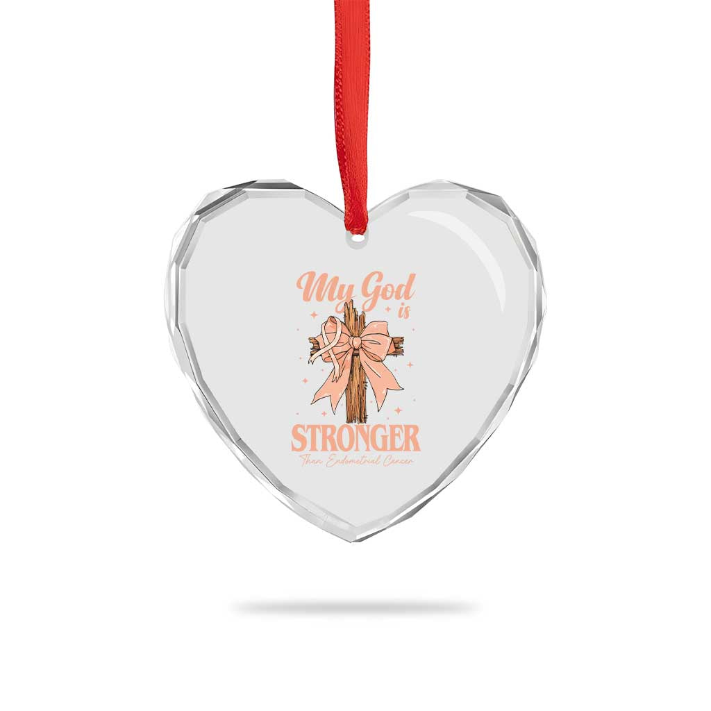 Endometrial Cancer Faith Peach Ribbon Heart Crystal Glass Ornament My God Is Stronger Than Endometrial Cancer