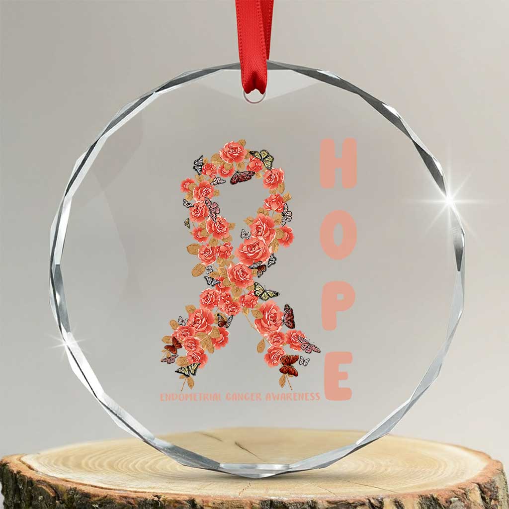 Endometrial Cancer Floral Ribbon Crystal Glass Ornament Hope Peach Ribbon Warrior TS12 Transparent Glass 3'' Circle Print Your Wear