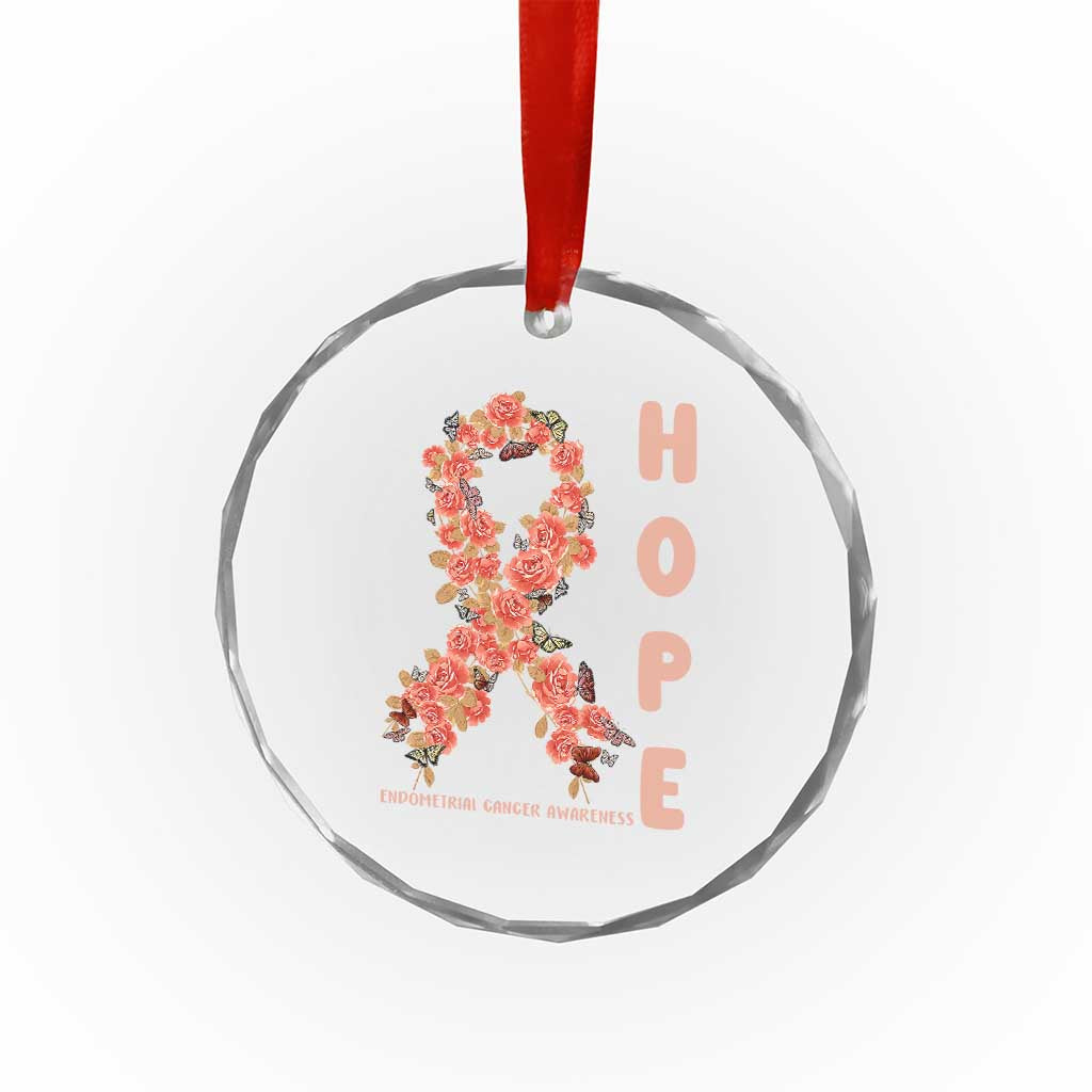 Endometrial Cancer Floral Ribbon Crystal Glass Ornament Hope Peach Ribbon Warrior