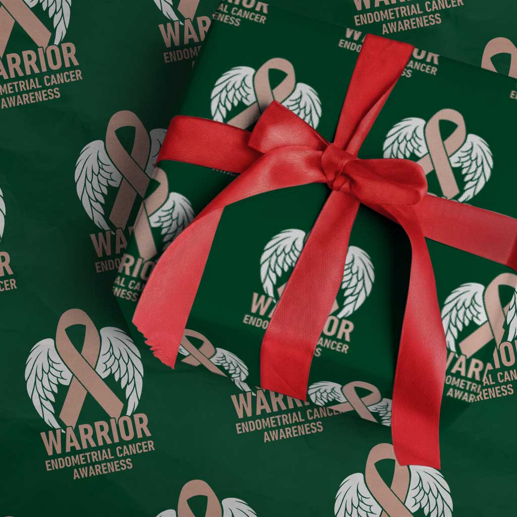 Endometrial Cancer Warrior Wrapping Paper Roll Peach Ribbon Angel Wings Support