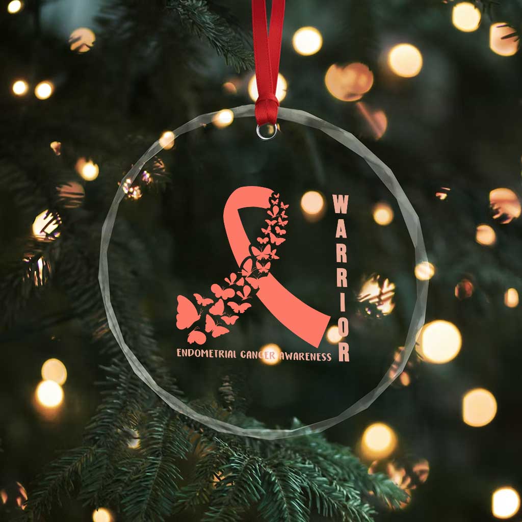 Endometrial Cancer Warrior Fighter Butterfly Crystal Glass Ornament Peach Ribbon Hope
