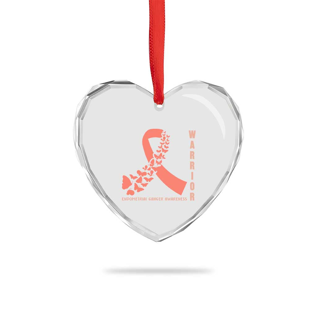 Endometrial Cancer Warrior Fighter Butterfly Heart Crystal Glass Ornament Peach Ribbon Hope