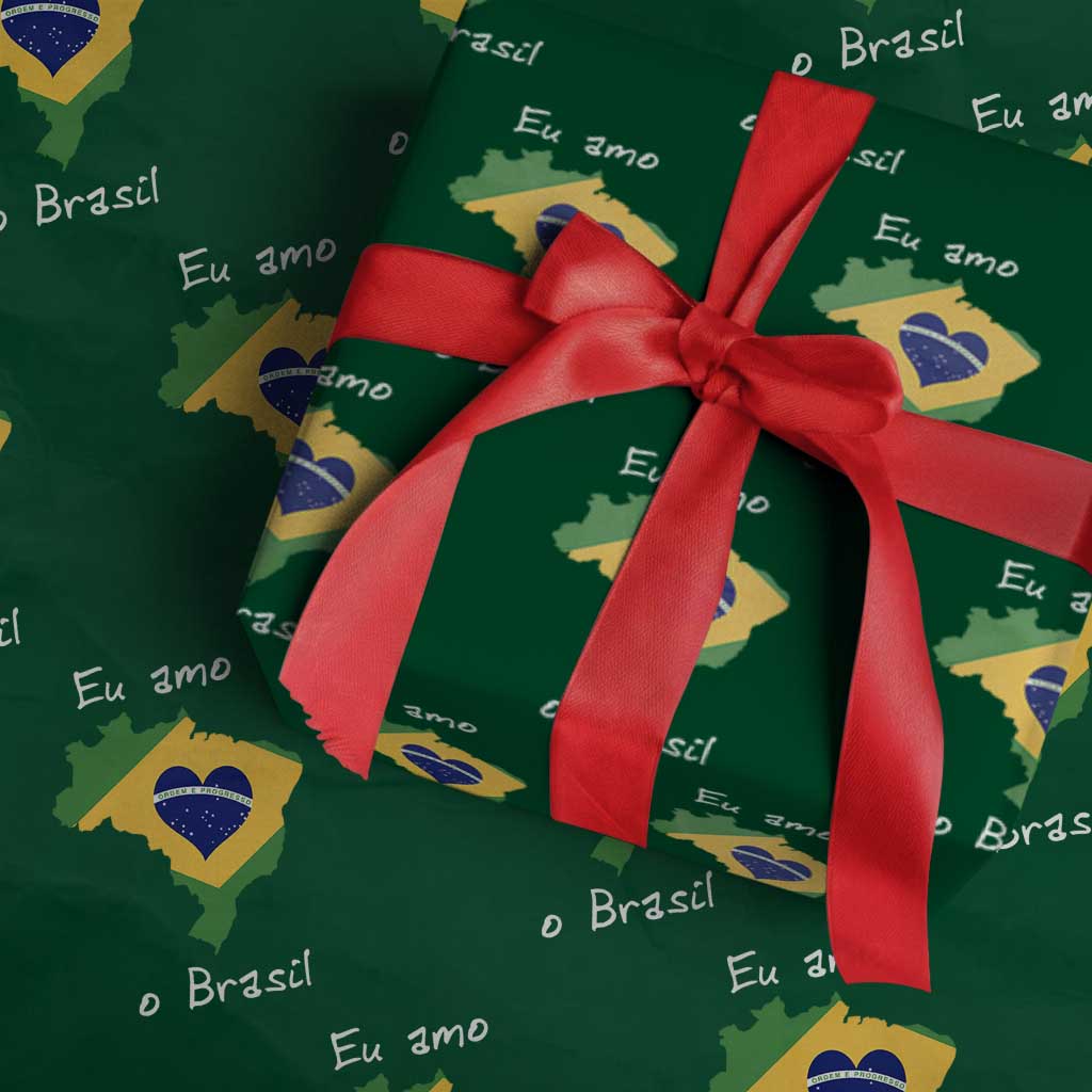 Eu Amo O Brasil Flag Map Wrapping Paper Roll I Love Brazil Patriotic Heart Brazilian Pride