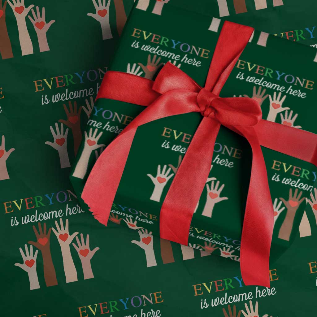 Everyone Is Welcome Here Wrapping Paper Roll Equality Fist Hands Hearts TS02 Green Print Your Wear