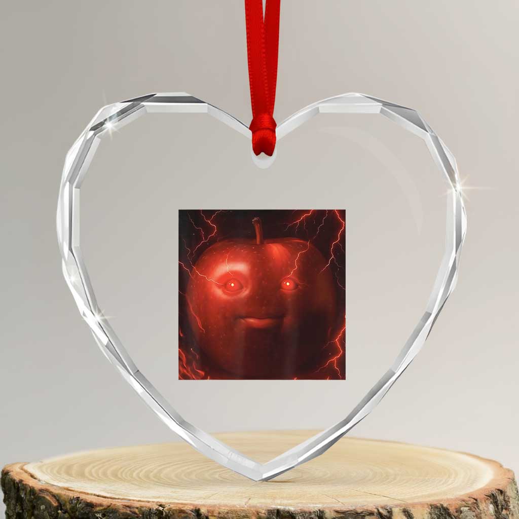 Evil Freaky Apple Meme Heart Crystal Glass Ornament Creepy Dark AI Fruit Face With Glowing Eyes TS02 Transparent Glass 3'' Heart Print Your Wear