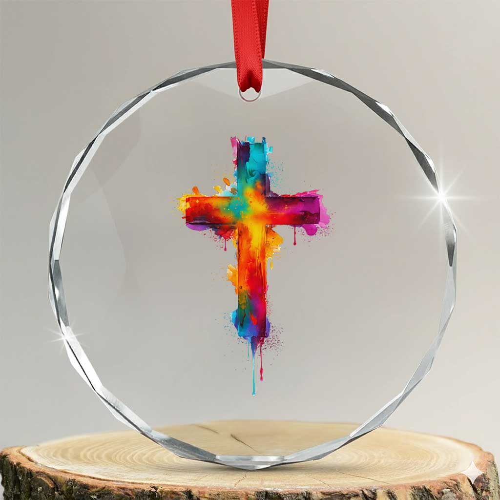 Faith Cross Crystal Glass Ornament Christian Believe Blessed By God Colorful Watercolor Graphic TS10 Transparent Glass 3'' Circle Print Your Wear