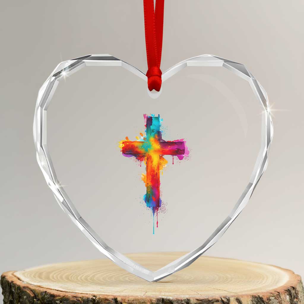 Faith Cross Heart Crystal Glass Ornament Christian Believe Blessed By God Colorful Watercolor Graphic TS10 Transparent Glass 3'' Heart Print Your Wear