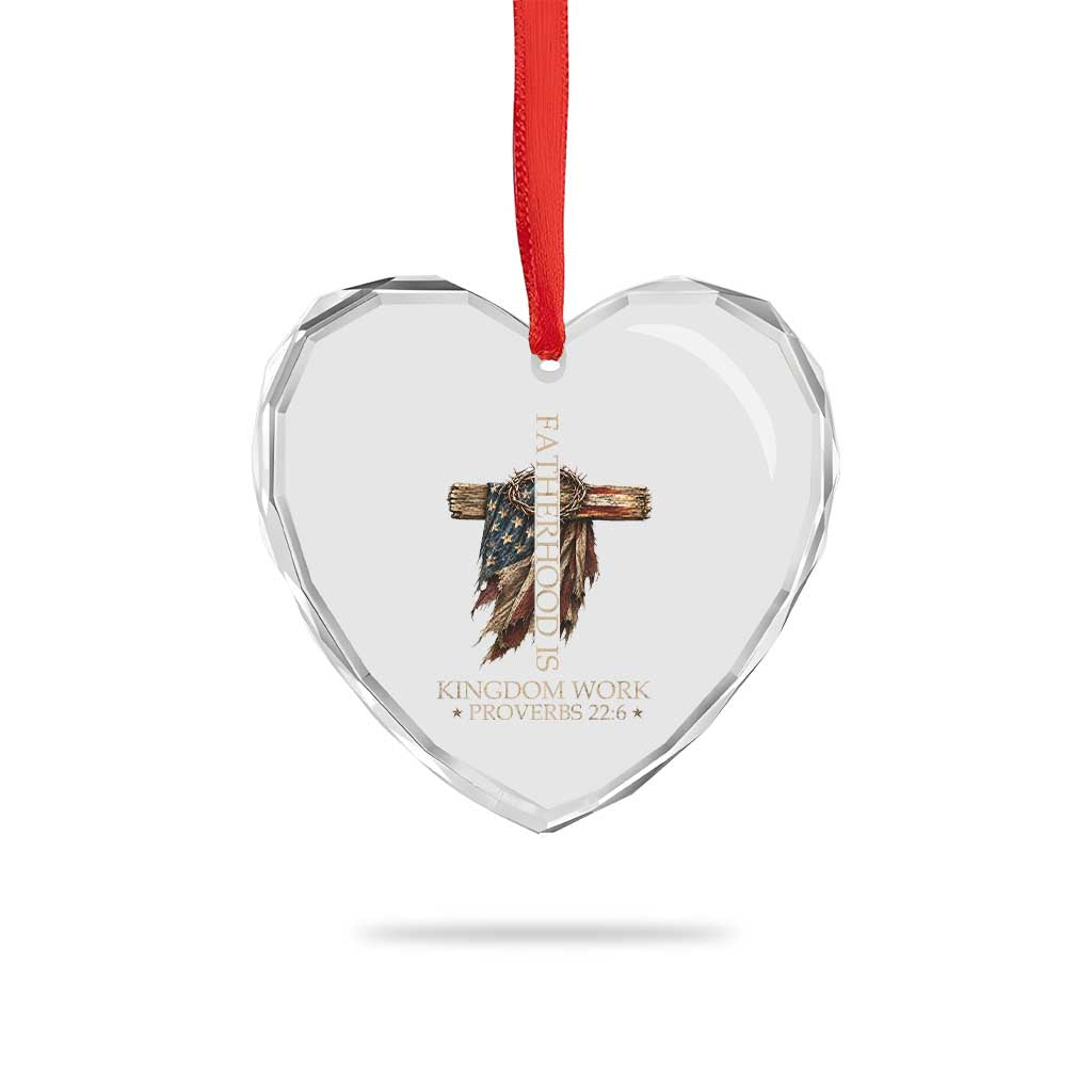 Fatherhood Is Kingdom Work Heart Crystal Glass Ornament Vintage American Flag Christian Dad Gift