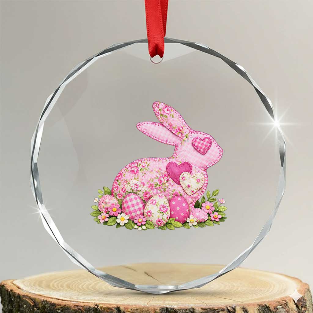 Faux Patchwork Easter Bunny Effect Printed Crystal Glass Ornament Vintage Cottagecore Floral Bunny Gift TS12 Transparent Glass 3'' Circle Print Your Wear