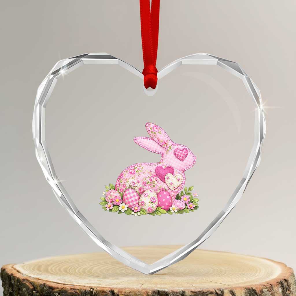 Faux Patchwork Easter Bunny Effect Printed Heart Crystal Glass Ornament Vintage Cottagecore Floral Bunny Gift TS12 Transparent Glass 3'' Heart Print Your Wear