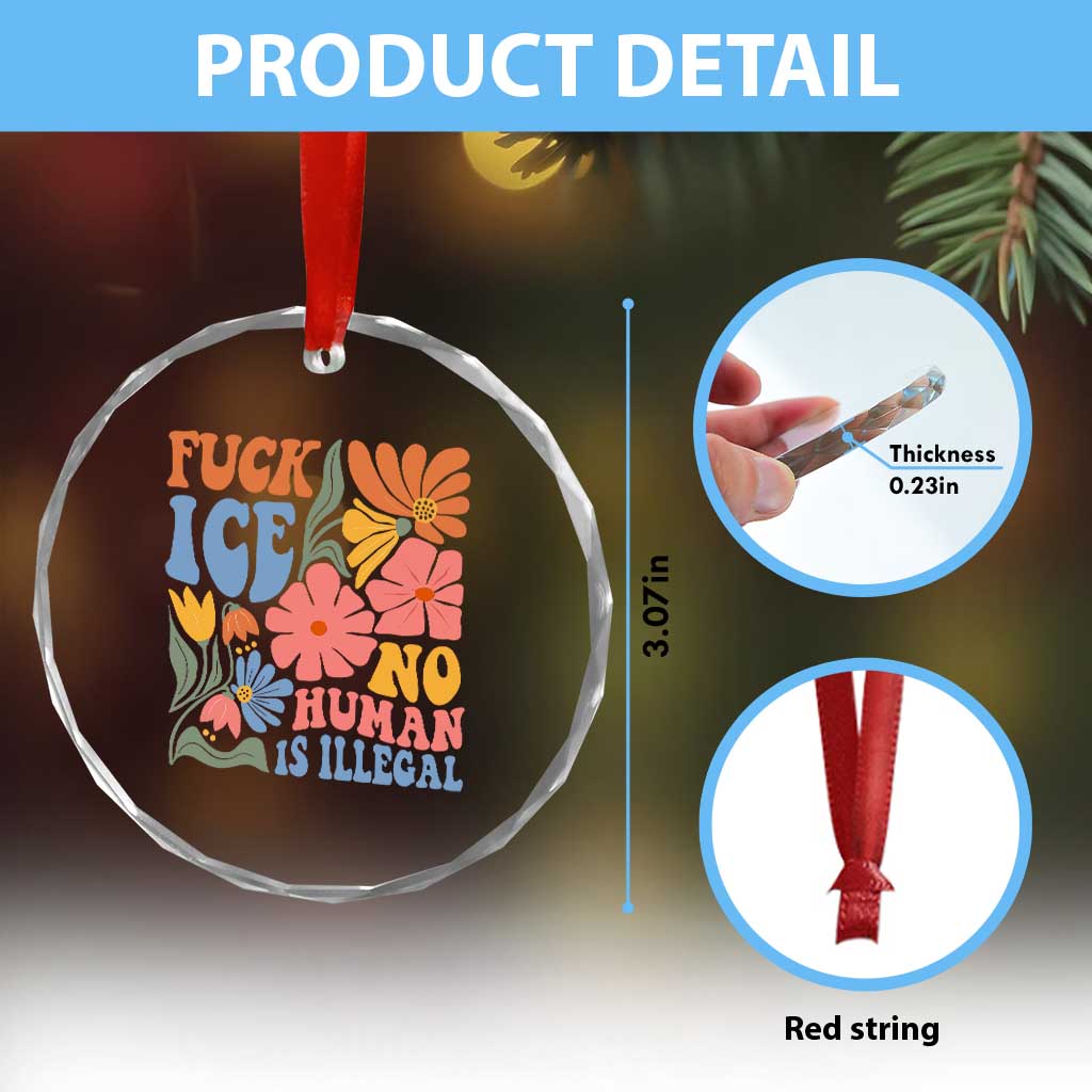 Fck Ice No Human Is Illegal Crystal Glass Ornament Immigration Rights Protest Rertro Floral TS11 Print Your Wear