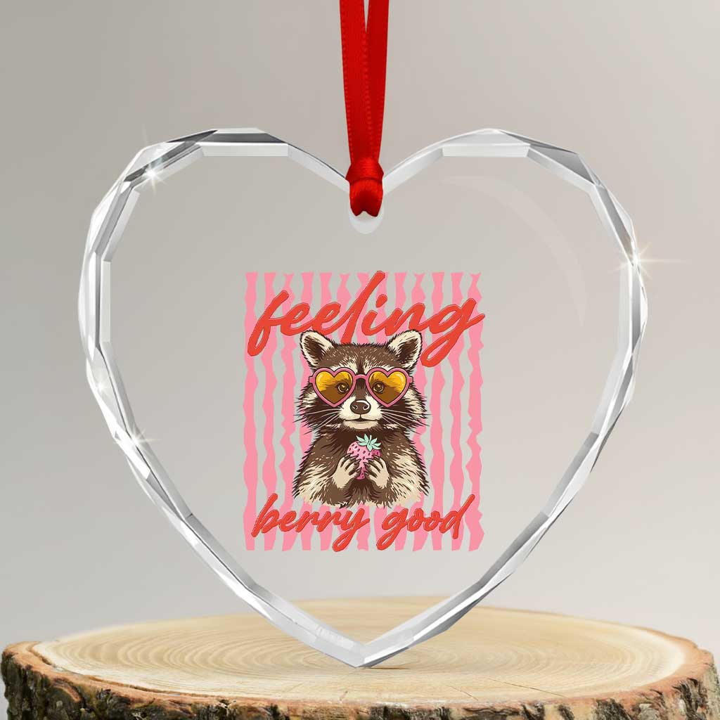 Feeling Berry Good Heart Crystal Glass Ornament Funny Raccoon Strawberry Summer Vibes TS14 Transparent Glass 3'' Heart Print Your Wear