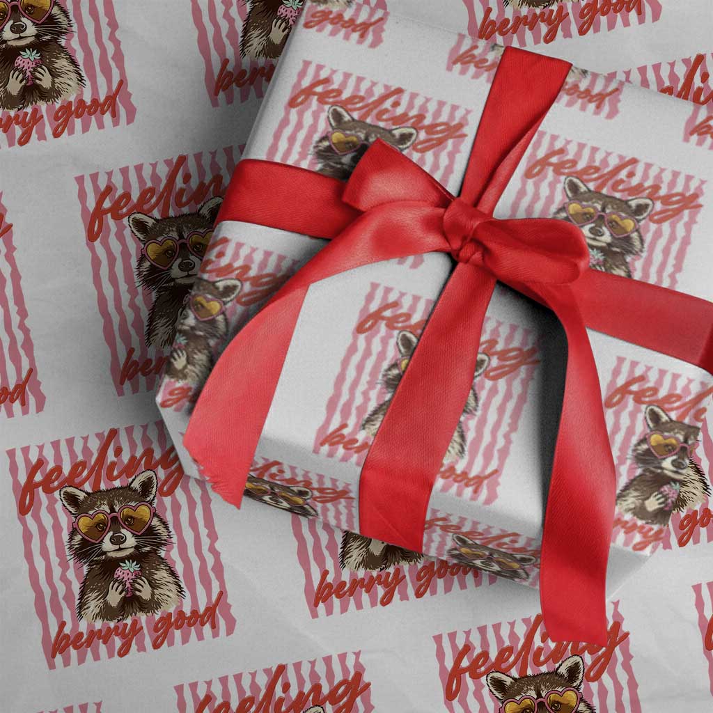 Feeling Berry Good Wrapping Paper Roll Funny Raccoon Strawberry Summer Vibes TS14 White Print Your Wear