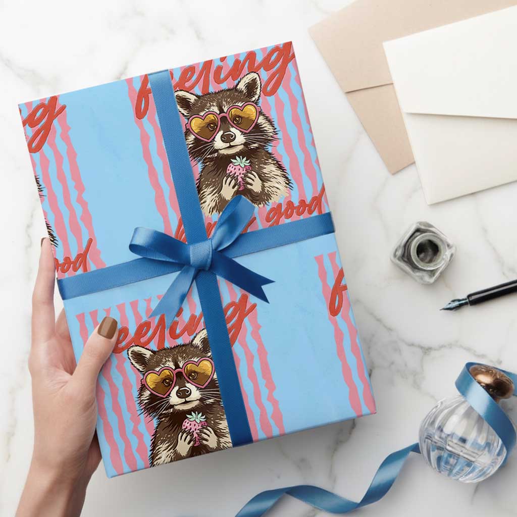 Feeling Berry Good Wrapping Paper Roll Funny Raccoon Strawberry Summer Vibes TS14 Light Blue Print Your Wear