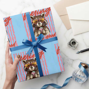 Feeling Berry Good Wrapping Paper Roll Funny Raccoon Strawberry Summer Vibes TS14 Light Blue Print Your Wear