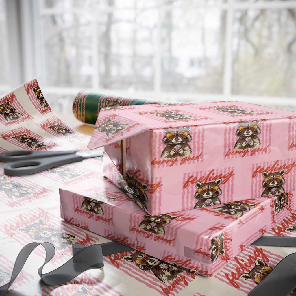 Feeling Berry Good Wrapping Paper Roll Funny Raccoon Strawberry Summer Vibes TS14 Light Pink Print Your Wear