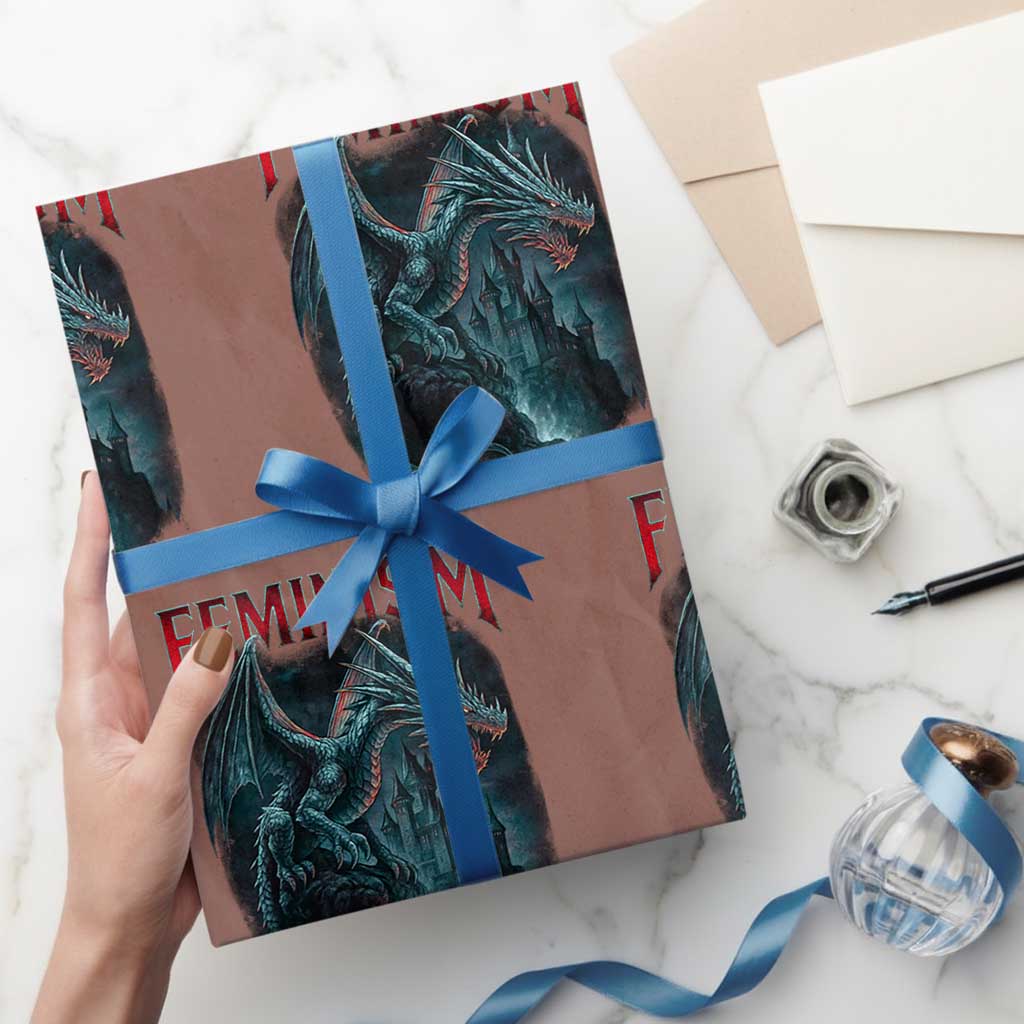 Feminism Dragon Wrapping Paper Roll Retro Vintage Gothic Fantasy Castle Feminist Empowerment TS10 Mocha Print Your Wear