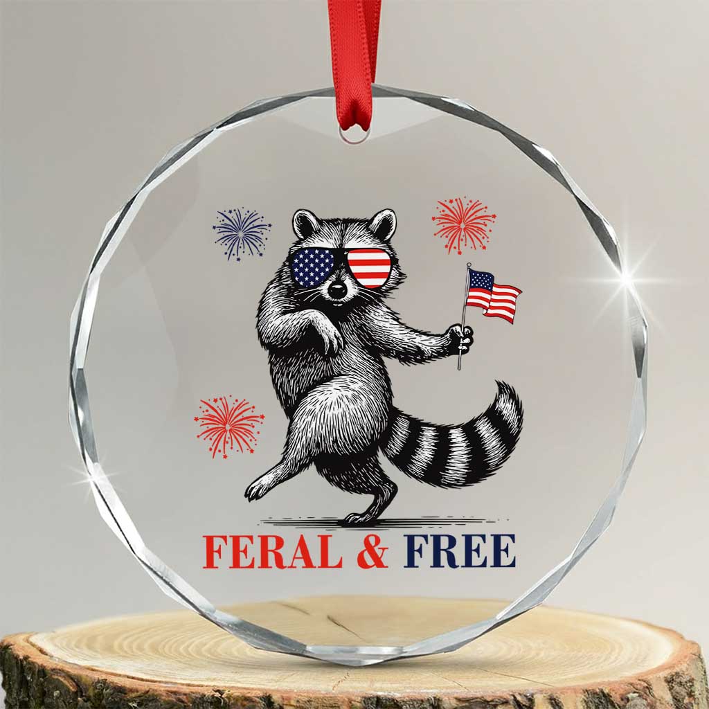 Feral and Free Dancing Raccoon Crystal Glass Ornament Funny 4th July Patriotic Animal US Flag and Fireworks TS02 Transparent Glass 3'' Circle Print Your Wear