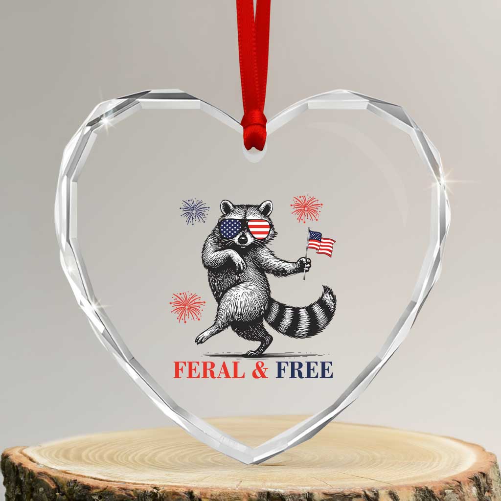 Feral and Free Dancing Raccoon Heart Crystal Glass Ornament Funny 4th July Patriotic Animal US Flag and Fireworks TS02 Transparent Glass 3'' Heart Print Your Wear