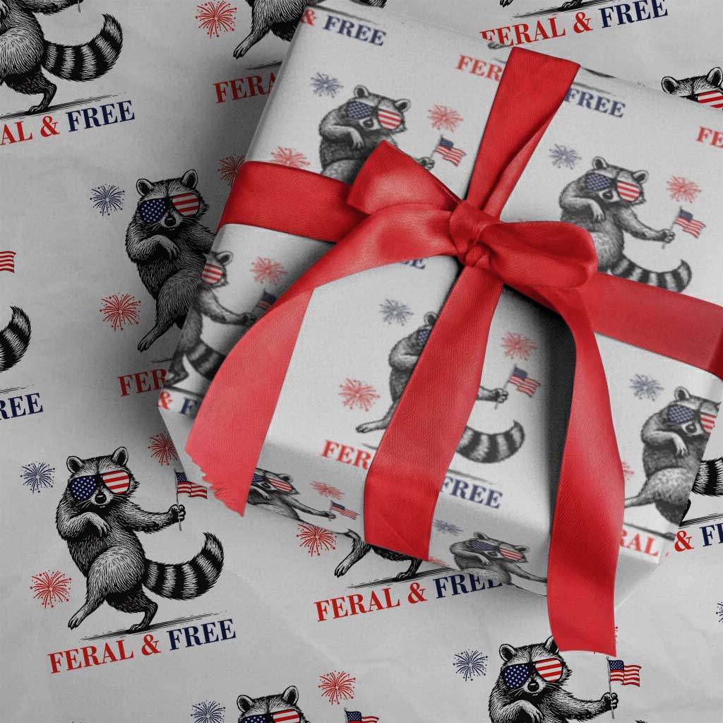 Feral and Free Dancing Raccoon Wrapping Paper Roll Funny 4th July Patriotic Animal US Flag and Fireworks TS02 White Print Your Wear