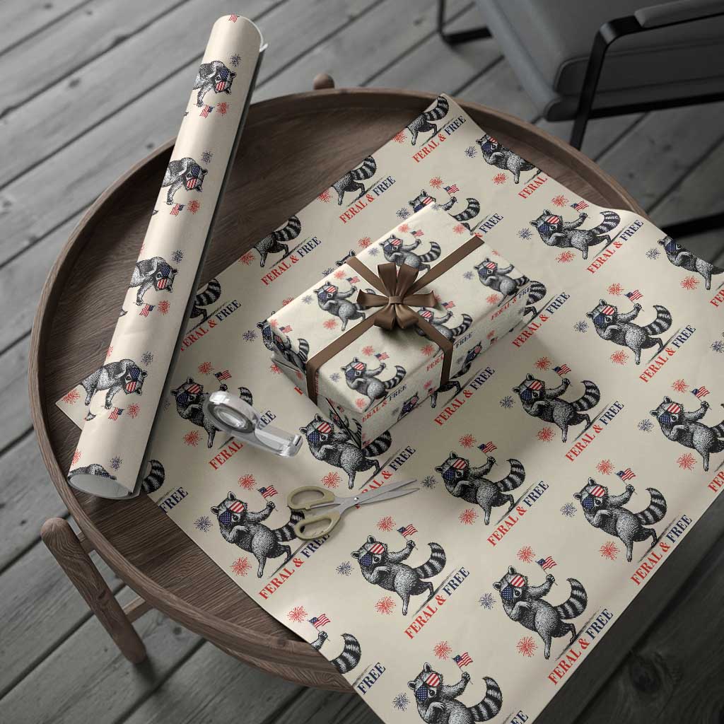 Feral and Free Dancing Raccoon Wrapping Paper Roll Funny 4th July Patriotic Animal US Flag and Fireworks TS02 Beige Print Your Wear