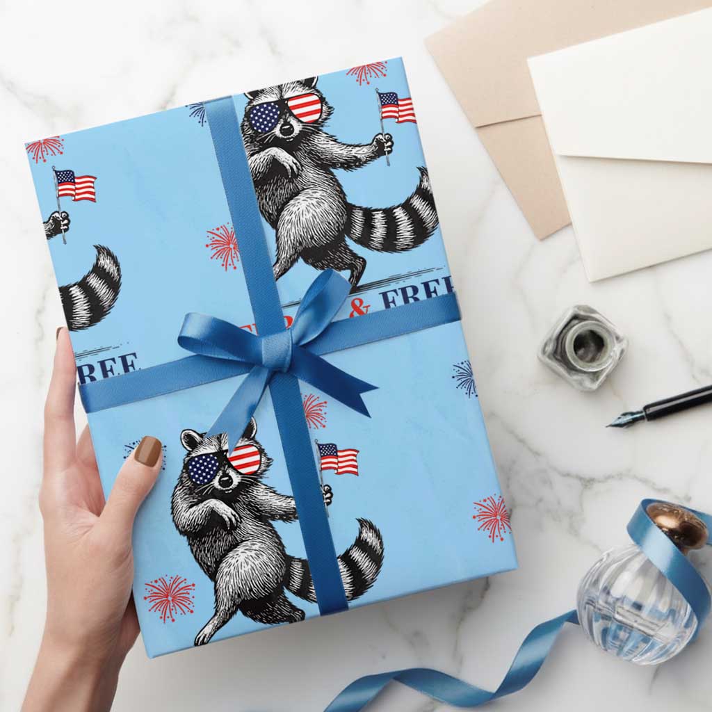 Feral and Free Dancing Raccoon Wrapping Paper Roll Funny 4th July Patriotic Animal US Flag and Fireworks TS02 Light Blue Print Your Wear