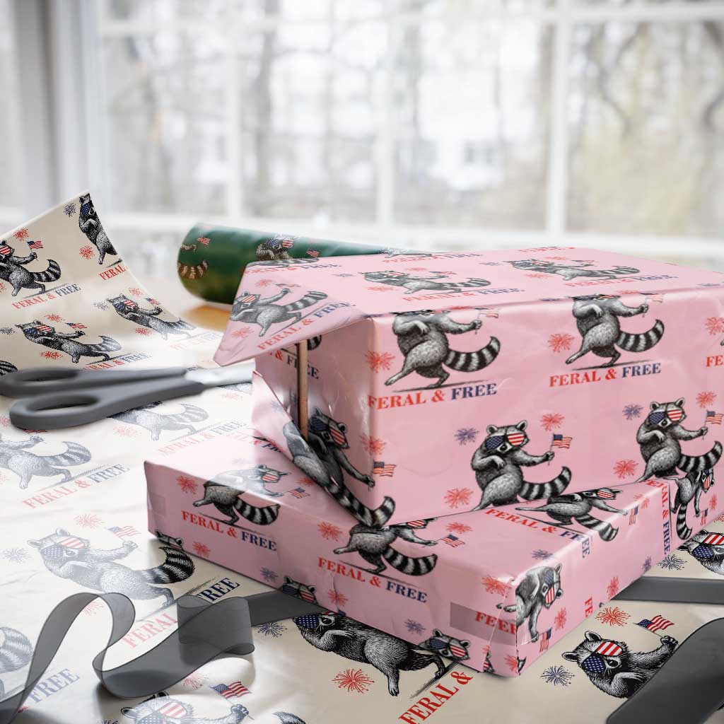Feral and Free Dancing Raccoon Wrapping Paper Roll Funny 4th July Patriotic Animal US Flag and Fireworks TS02 Light Pink Print Your Wear